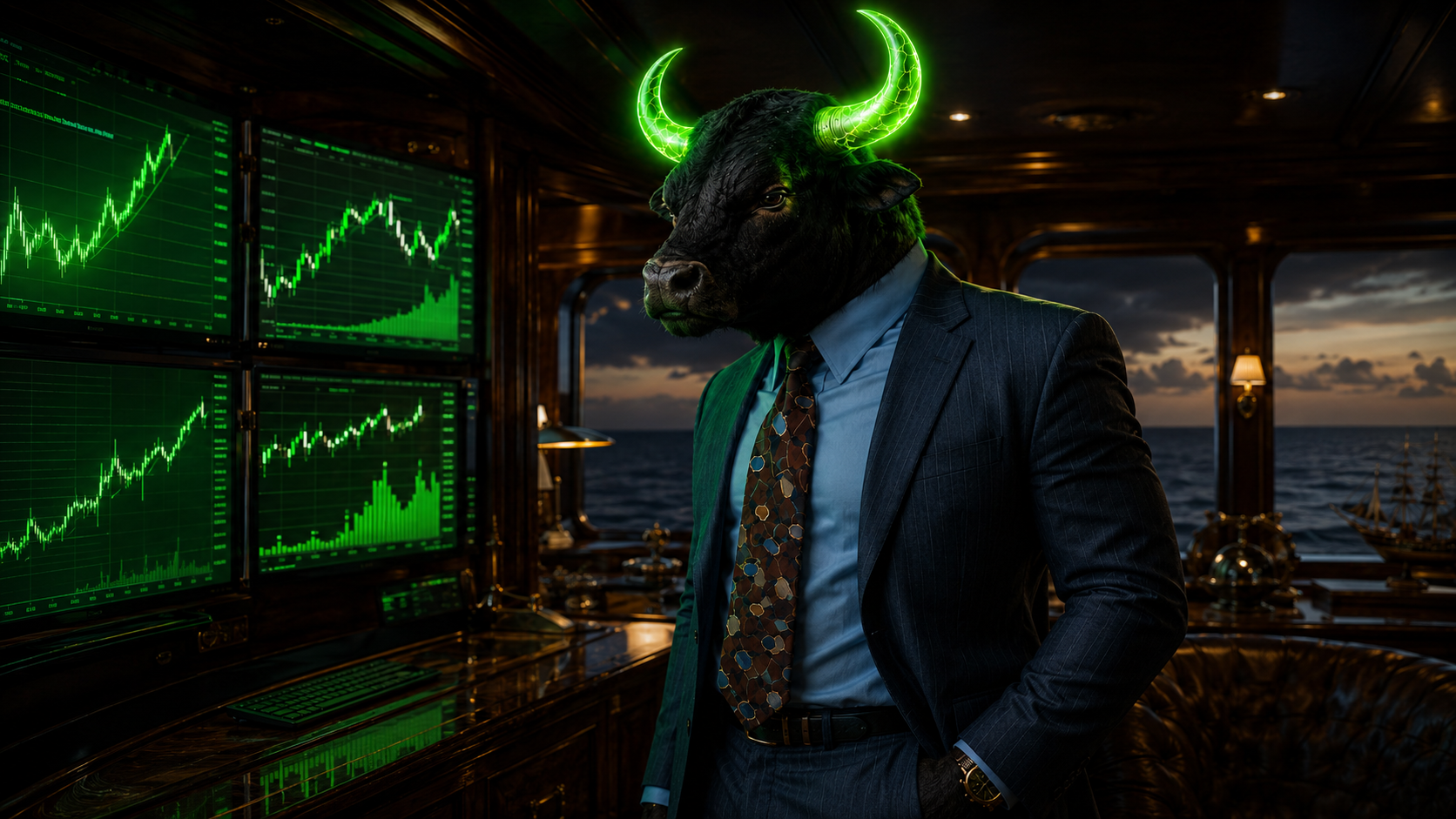Bullionaire beside green market charts inside his yacht office