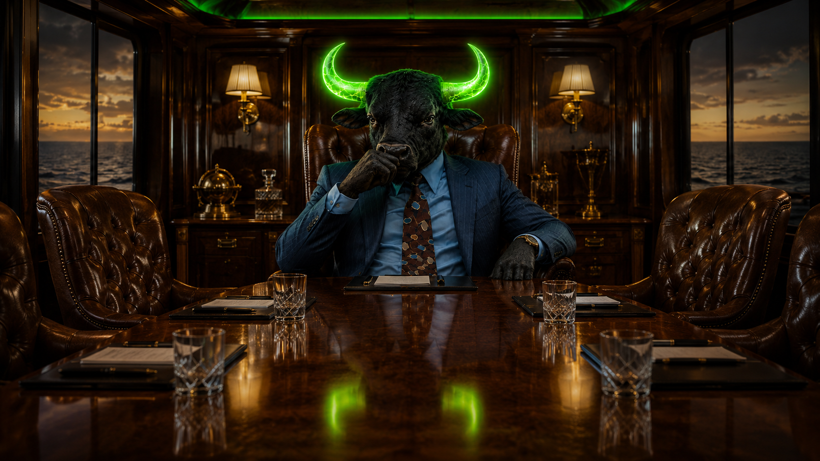 Bullionaire seated at the head of a private yacht boardroom