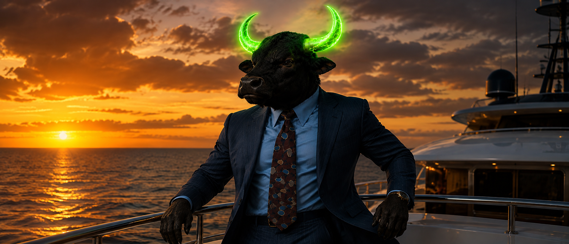 Bullionaire looking across a green-horn-lit ocean horizon