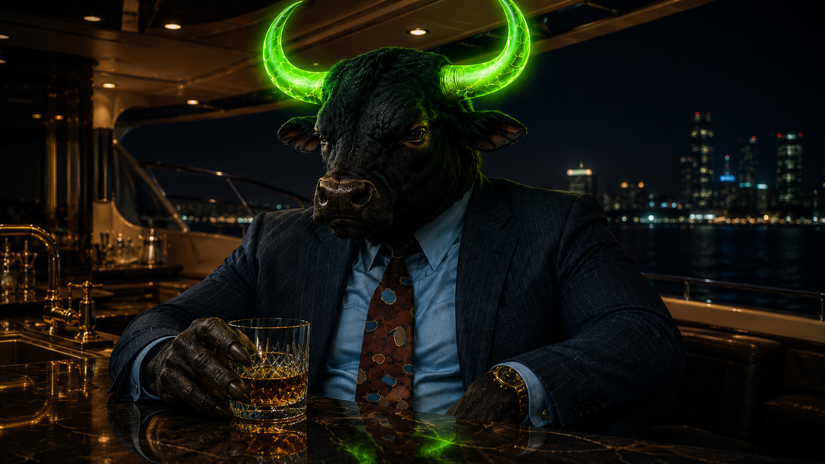 Bullionaire at a luxury yacht bar at night