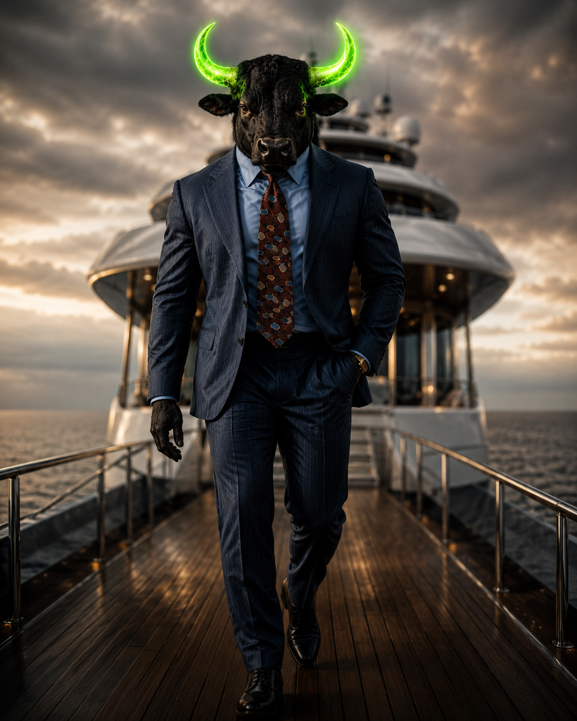 Bullionaire walking down the deck of his superyacht