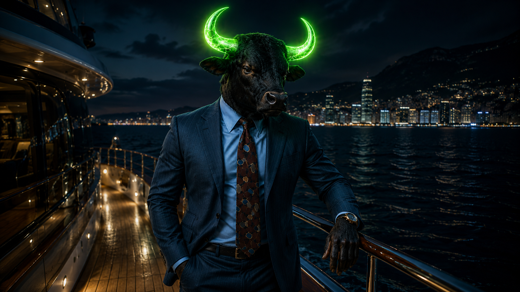 Bullionaire on his yacht during a night cruise beside city lights