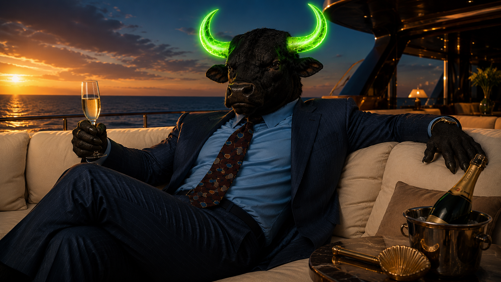 Bullionaire relaxing on a yacht at sunset with champagne